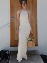 Damen-Maxikleid mit Schnürung am Rücken, rückenfrei, für den Urlaub, Strand, hohe Taille, einfarbig, elegant