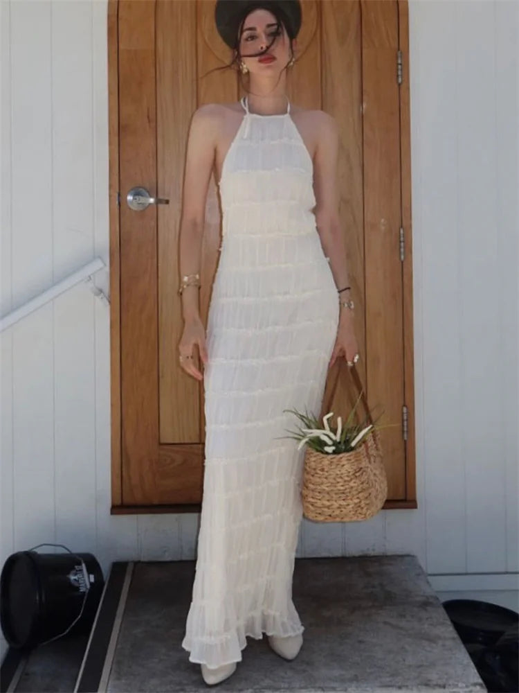 Damen-Maxikleid mit Schnürung am Rücken, rückenfrei, für den Urlaub, Strand, hohe Taille, einfarbig, elegant