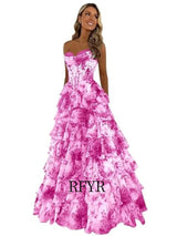 Elegant A-Line Floral Prom Dress | Floor-Length Pleated Evening Gown