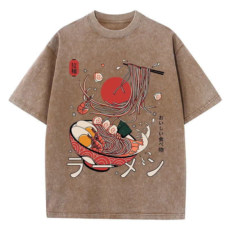 Ramen Nudeln gewaschenes Baumwoll-T-Shirt | Harajuku Grafik-T-Shirt für Damen