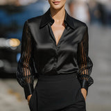 The "Satin Stripe" Patchwork Shirt | Elegant Hollow Detail Office Long Sleeve Blouse