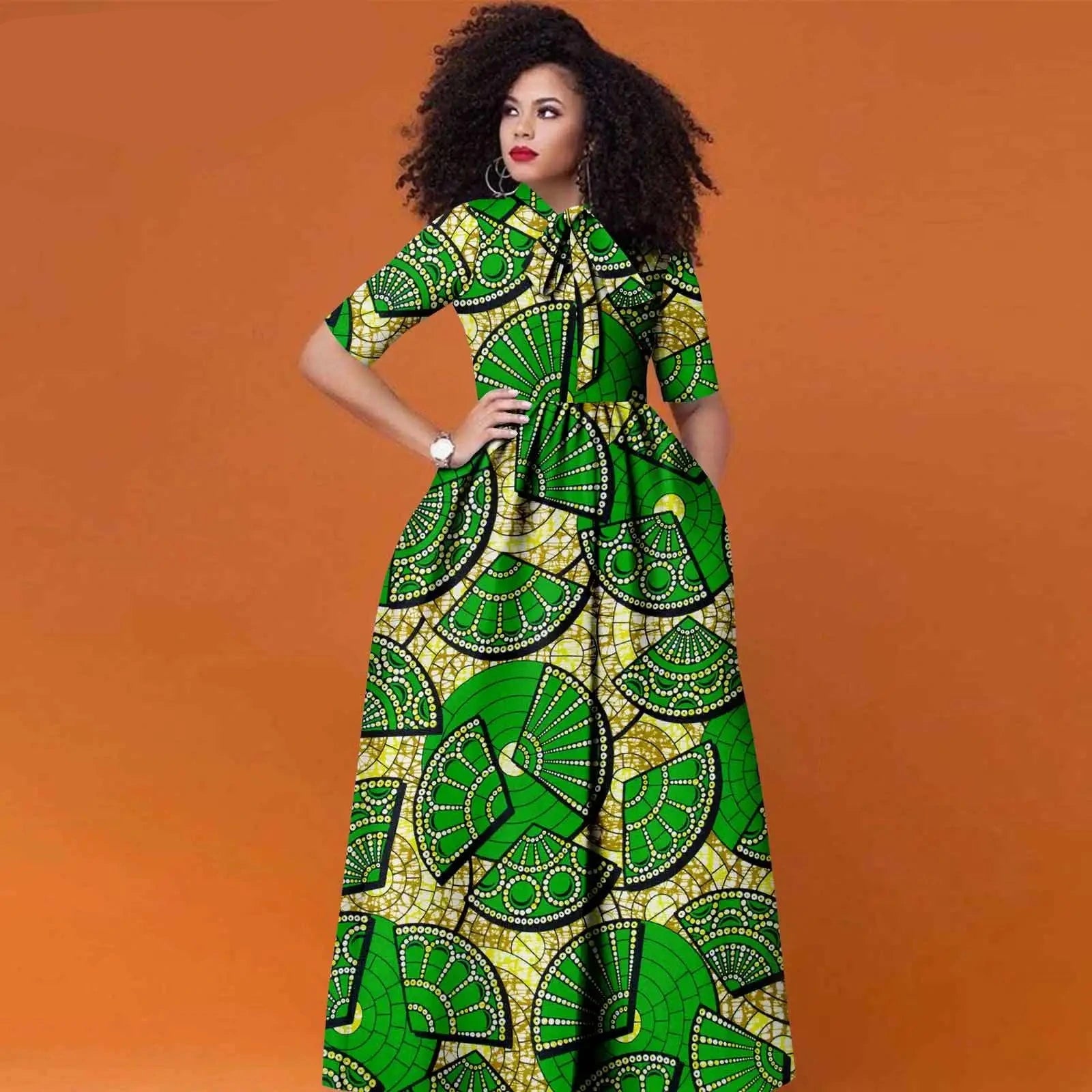 Afrikanisches Ankara Maxikleid für Damen | Halbarm High Waist Kleid mit traditionellem Print