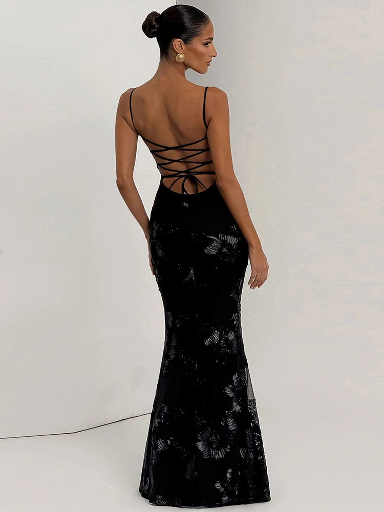 Sexy rückenfreies Bandage-Maxikleid – figurbetonter langer Damen-Bademantel, ärmelloses Partykleid mit tiefem Ausschnitt