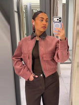 Damen Pinke Cordjacke mit Reißverschluss und langen Ärmeln