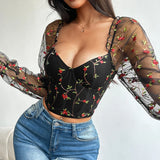 Women’s Sexy Mesh Long Sleeve Corset | Flower Embroidered Fishbone Bustier