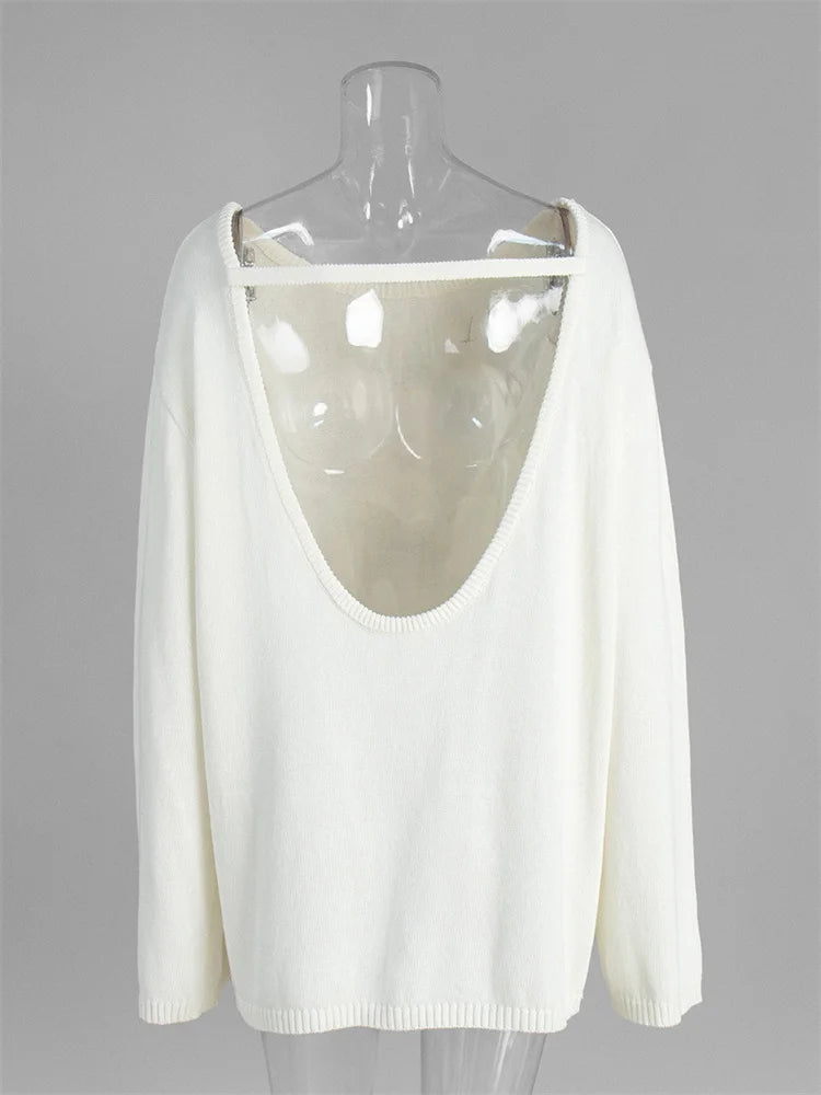 Damen rückenfreier, locker gestrickter Pullover – Lässiger, eleganter Langarm-Patchwork-Pullover