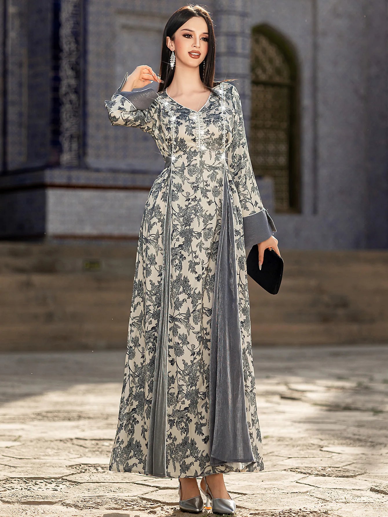 Satin-Abaya mit V-Ausschnitt für Damen | Eleganter muslimischer Party-Kaftan und Dubai-Satin-Robe