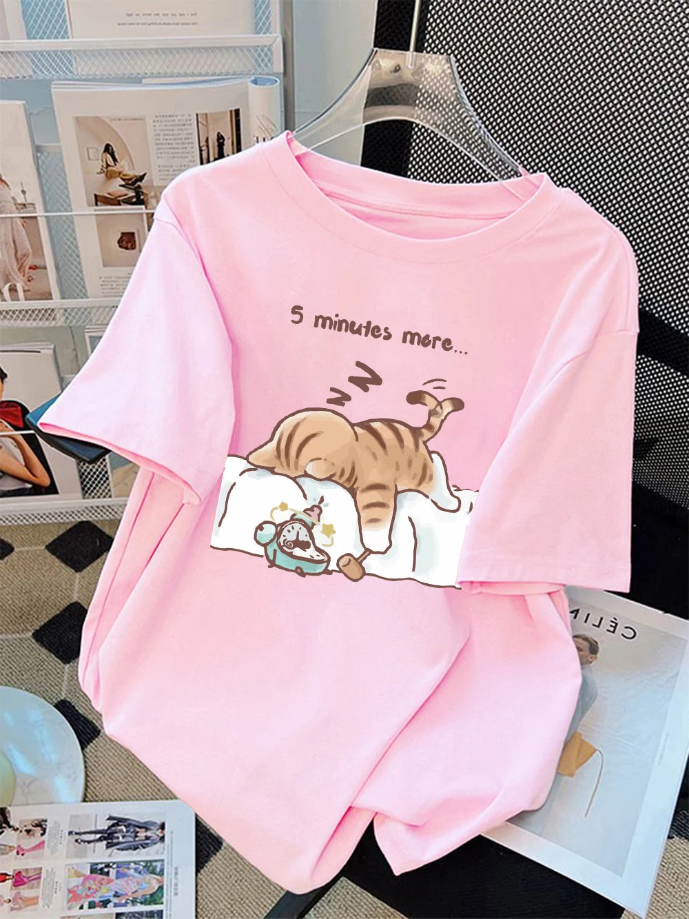 The "Always Tired" Cat Women's Tee: 100% Cotton Loose Fit Top with Minimalist Sleeping Cat Print