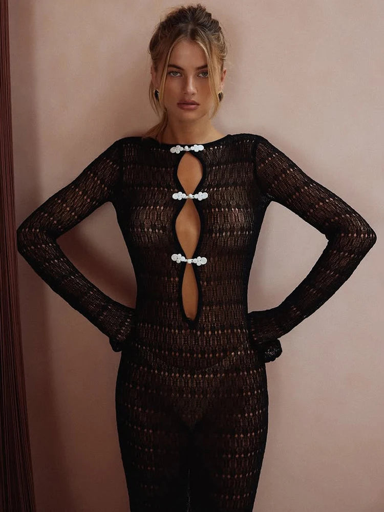 Women’s Hollow Sheer Maxi Dress – Sexy Backless Lace-Up Resort Dress