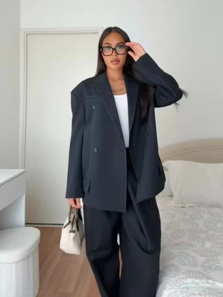 Women’s Casual Black Blazer – Loose Fit Double-Breasted Jacket
