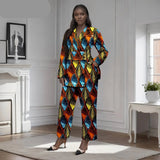 Afrikanisches zweiteiliges Set für Damen mit goldenem Knopf, Broschen-Blazer und Knöchelhose