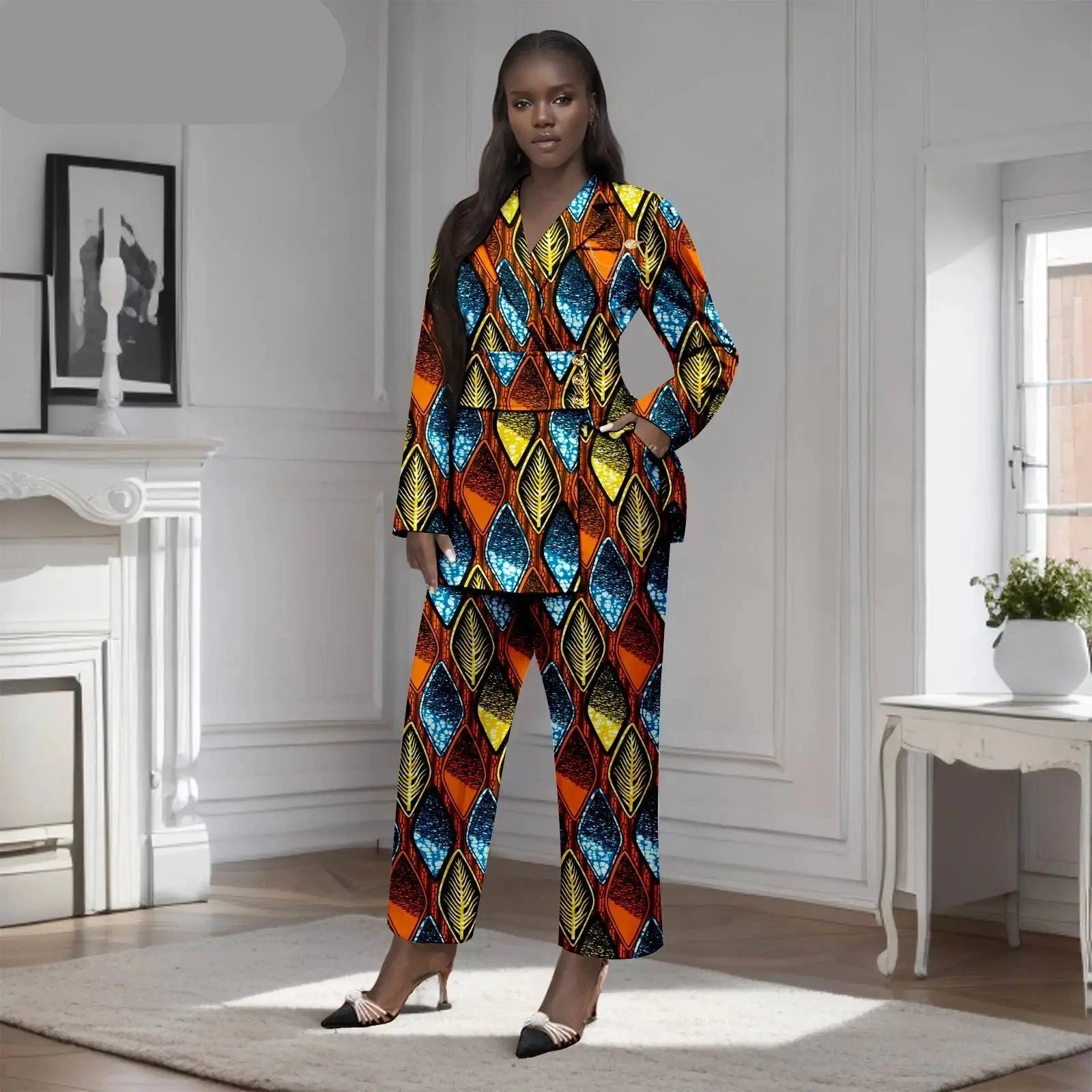 Afrikanisches zweiteiliges Set für Damen mit goldenem Knopf, Broschen-Blazer und Knöchelhose