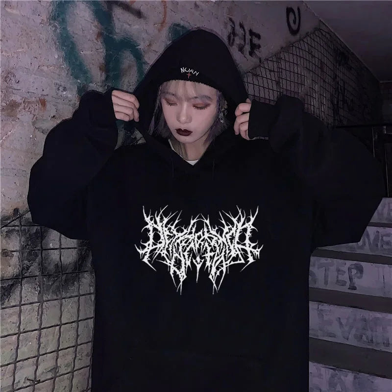 Vintage Y2K Gothic Print Hoodie für Damen | Locker geschnittenes Streetwear Langarm Sweatshirt