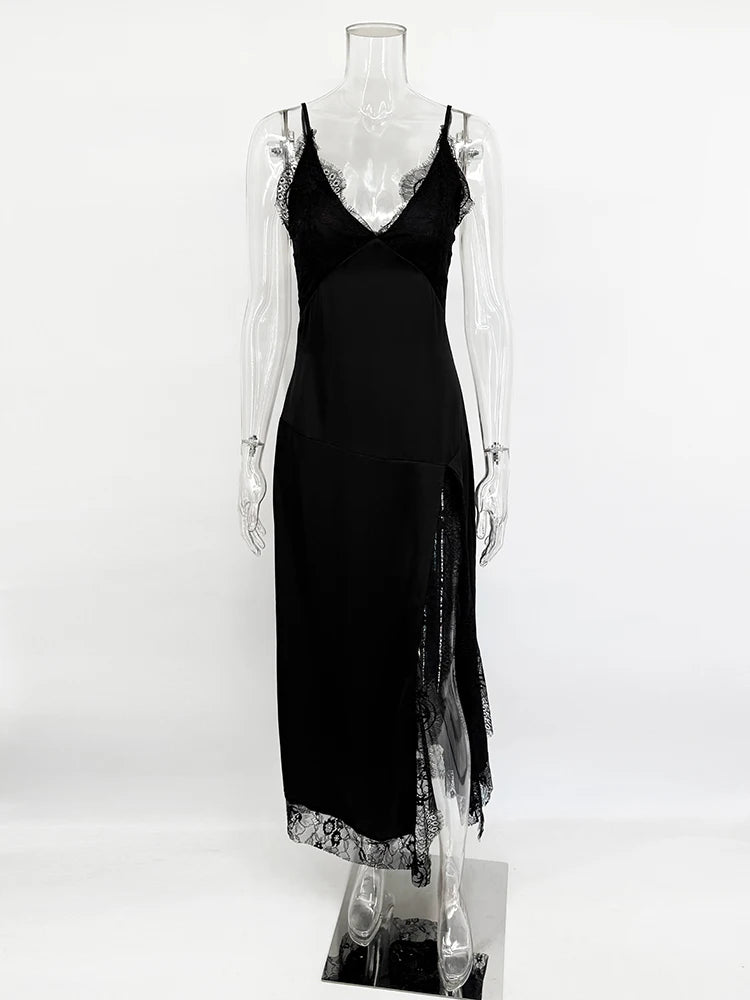 Women’s Sexy Lace Long Dress – Sleeveless Backless Slit Evening Gown