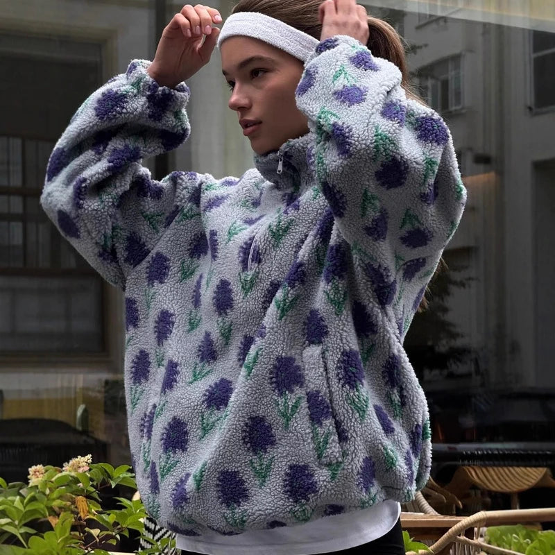 Damen Fleece-Sweatshirt mit halbem Reißverschluss – Oversized Rollkragenpullover