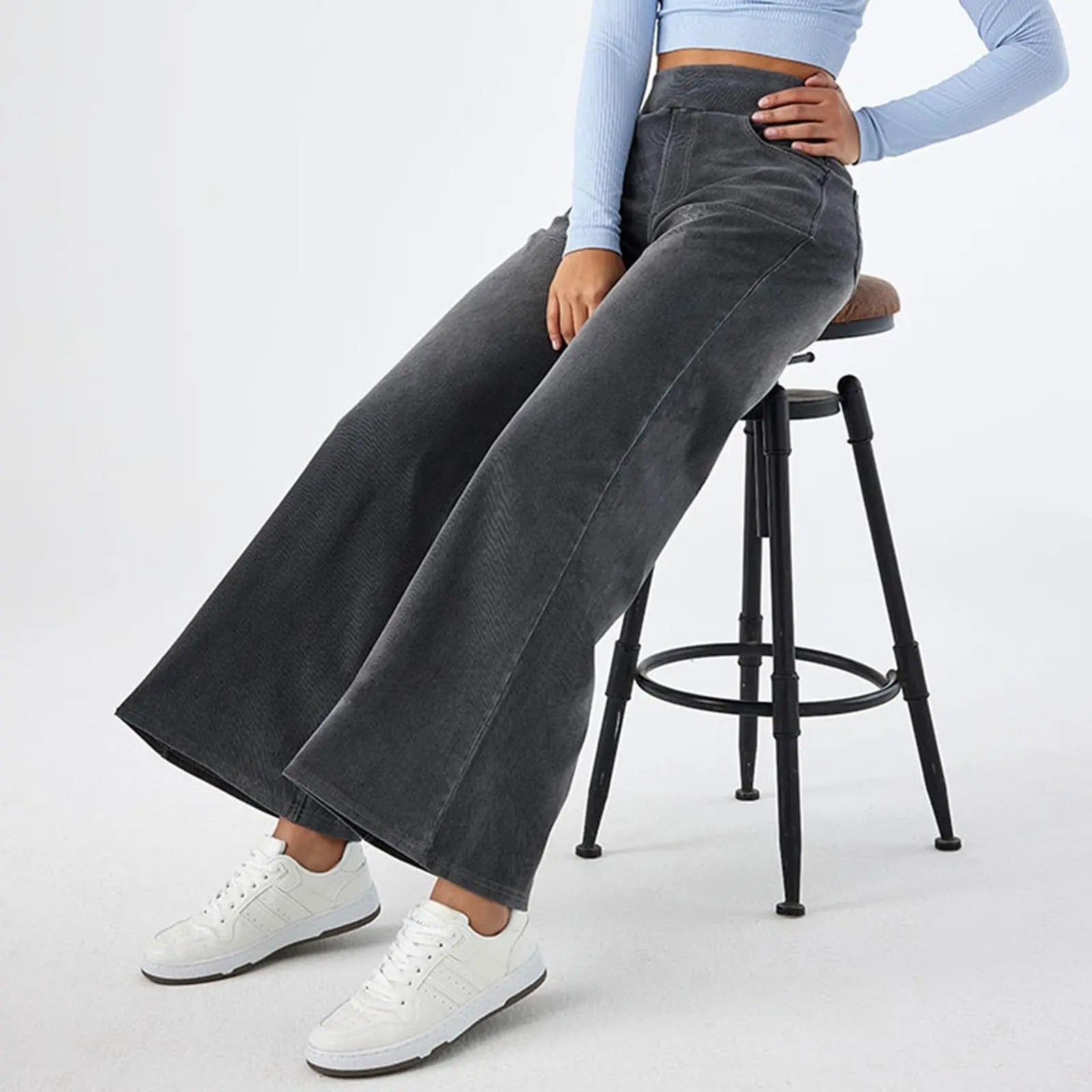 Women’s Wide-Leg Denim Jeans – Elastic Waist Long Straight Trousers
