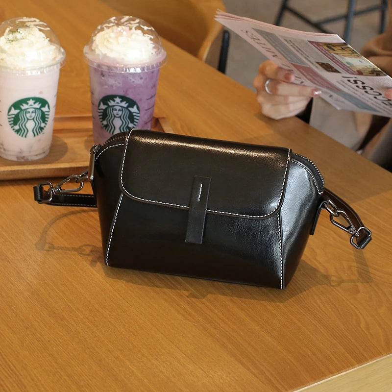 Oil Wax Cowhide Genuine Leather Crossbody | Fashionable Small Shell Bag