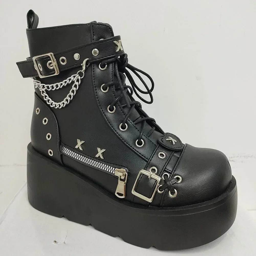 Women’s Waterproof Wedge Gothic Vampire Platform Mid-Calf Boots