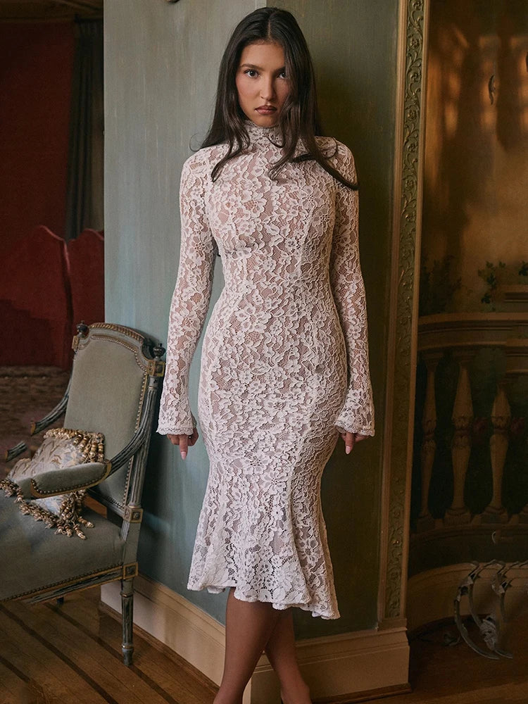 Elegant White Lace Long Sleeve Midi Dress – Women’s Half High Collar Bodycon
