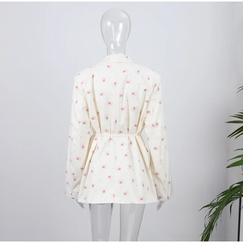 Elegant Flower Printed Coat Women's Lapel Single Button Long Sleeve Lace Up Blazer