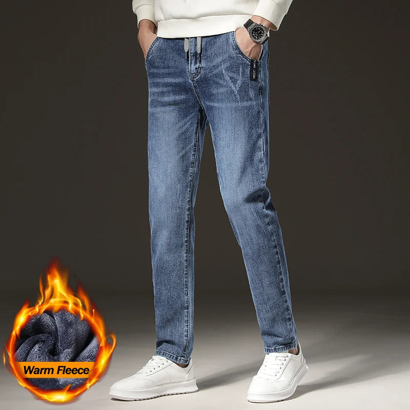 Warm Winter Fleece-Lined Jeans | Men's Slim Straight Light Blue Denim