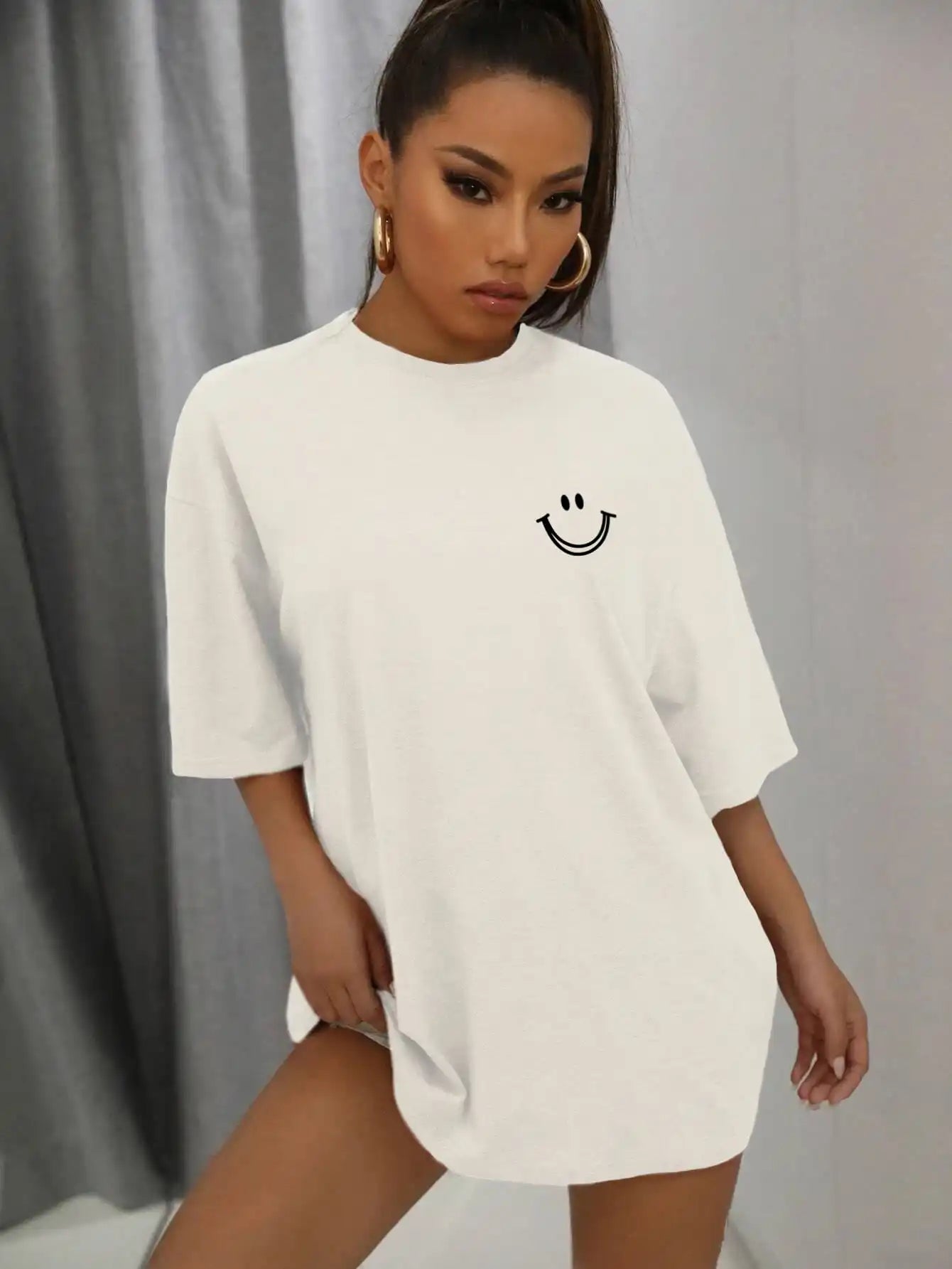 Damen Oversized Baumwoll Streetwear Top mit auffälligem Smile-Motiv