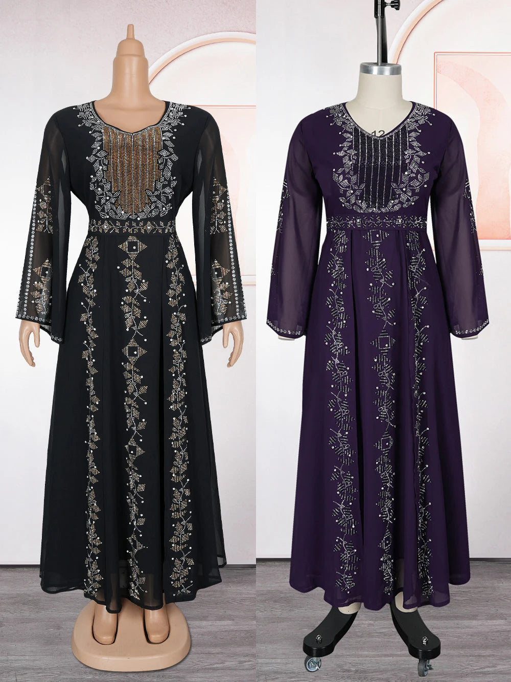 The "Desert Rose" Chiffon Gown – Signature Dubai-Turkey Kaftan Abaya – Elegant Long Sleeve Maxi Robe