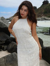 Damen-Maxikleid mit Schnürung am Rücken, rückenfrei, für den Urlaub, Strand, hohe Taille, einfarbig, elegant
