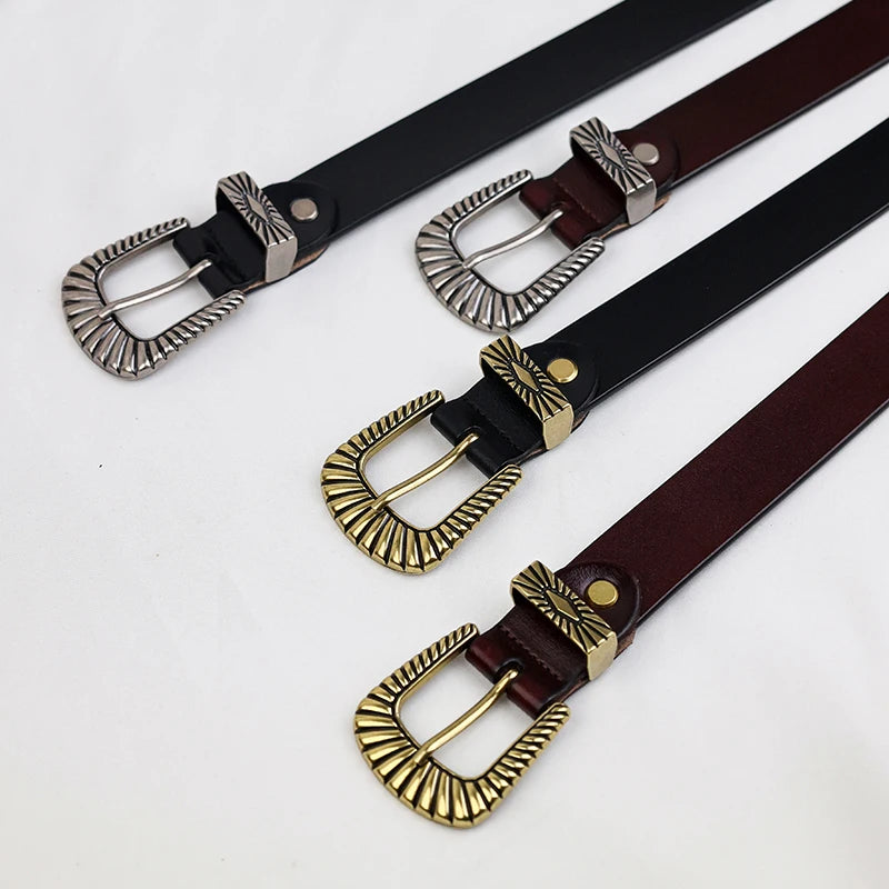 Western Women's Genuine Leather Belt – Classic Metal Pin Buckle Waistband