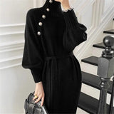 Women’s Vintage Turtleneck Knitted Dress – Long Sleeve Button Bandage Midi Dress