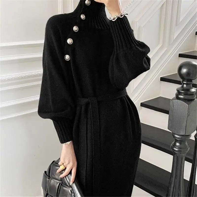 Women’s Vintage Turtleneck Knitted Dress – Long Sleeve Button Bandage Midi Dress