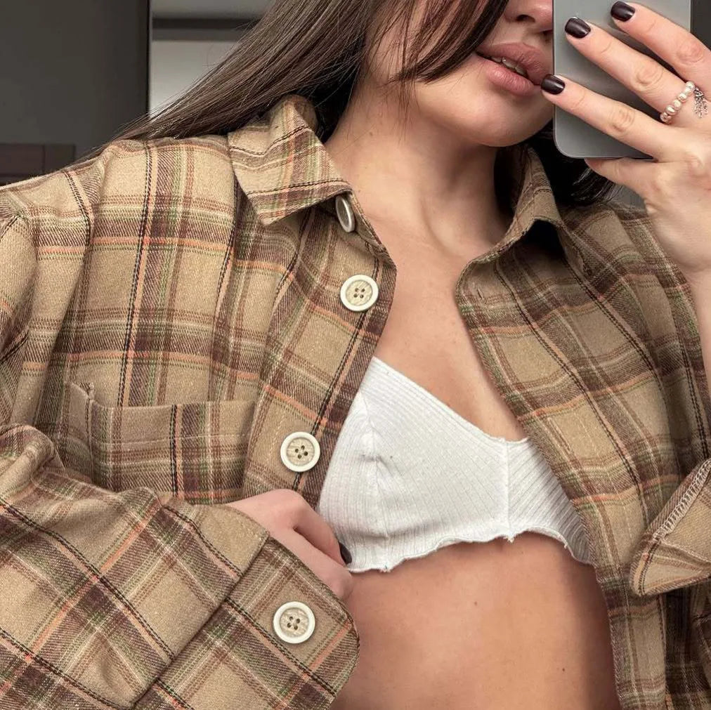 Damen Vintage Kariertes Hemd – Y2K Herbst Loose Langarm-Oberteil