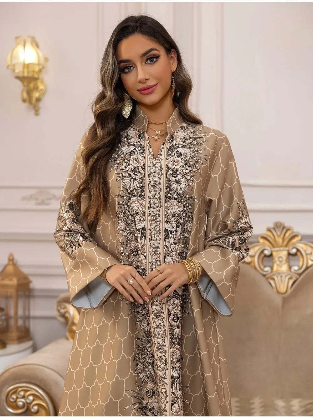 The "Mosaic Diamond" Gown – Signature Printed Dubai Abaya – Boutique Morocco Style Kaftan