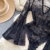 Sexy Deep V-Neck Lace Playsuit Long Flare Sleeve Hollow Out Open Crotch Bodysuit Romper
