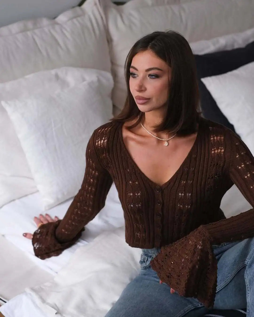Knitwear Hollow Out Women’s V-Neck Long Sleeve See-Through Cropped Top