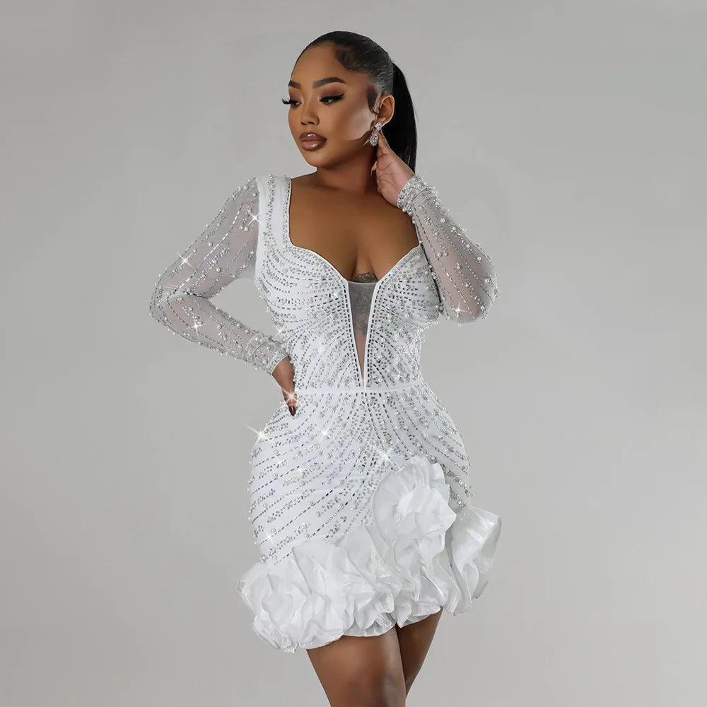 Sexy Langarm Rüschen Minikleid – Glitzerndes Hot-Drilling- & Perlenbesetztes Geburtstagskleid