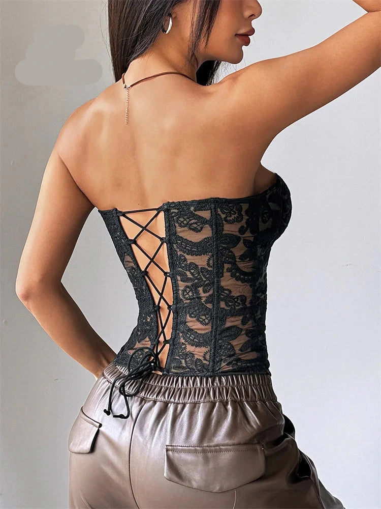 The "L'Amour" French Lace-Up Corset | Floral Embroidery Strapless Top