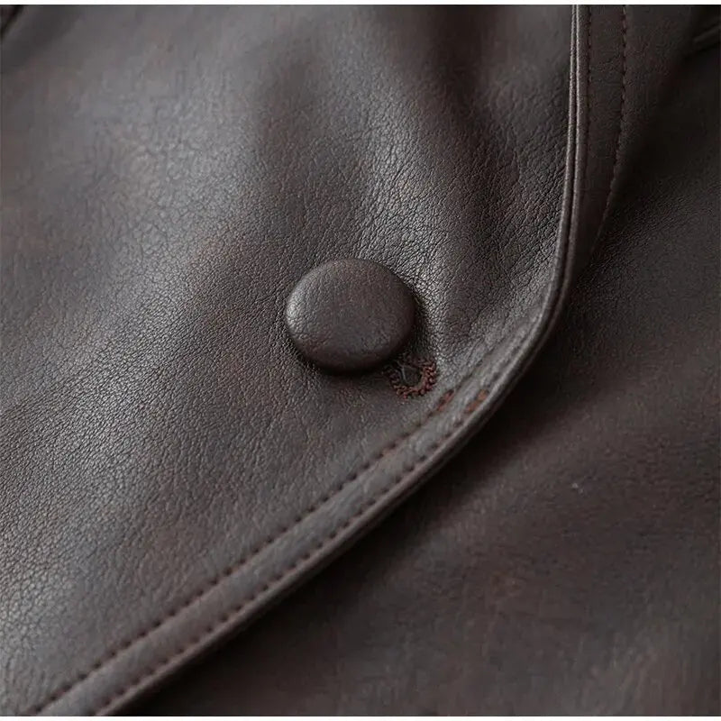 Women's Vintage Leather Jacket – Padded Shoulder High Waist Leather Coat with Belt