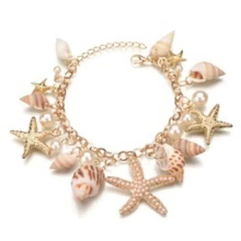 Seestern- und Muschel-Charm-Armband für Damen – Naturperle & Muschel-Sommerstrand-Schmuck