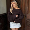 Women’s Off-Shoulder Knit Sweater – Brown Retro Loose Casual Pullover