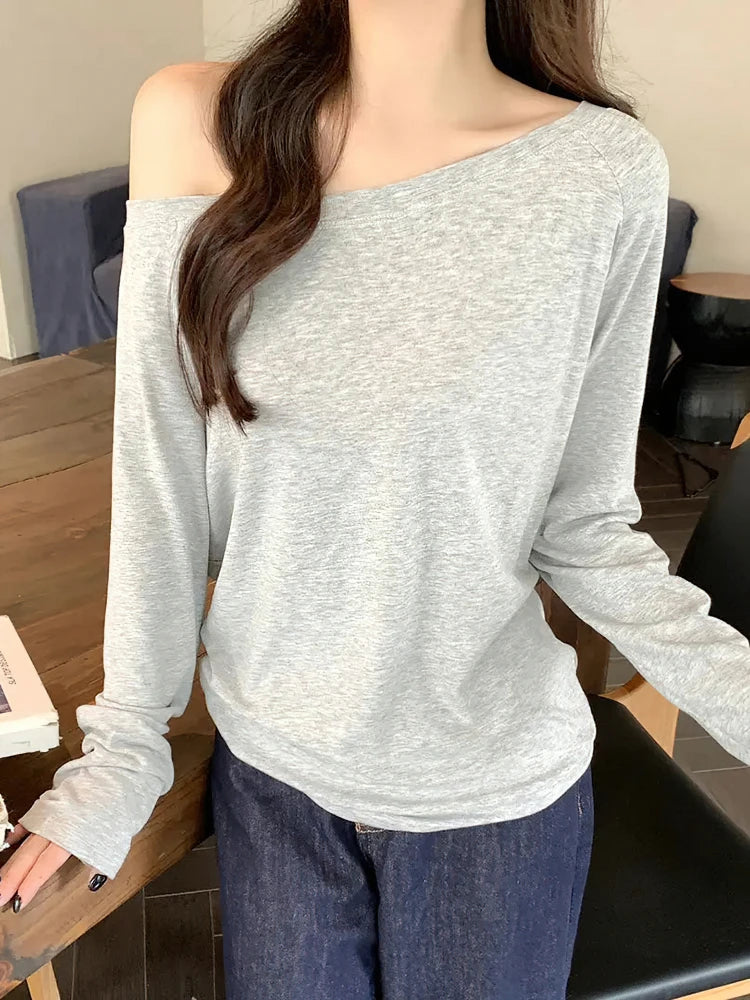 Damen Carmen-Langarmshirt – Unifarbenes Freizeit-Top mit schmaler Passform