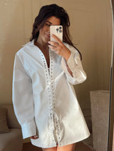 Damen Oversize-Hemd mit Revers – Y2K Webstoff Kordelzug Bluse
