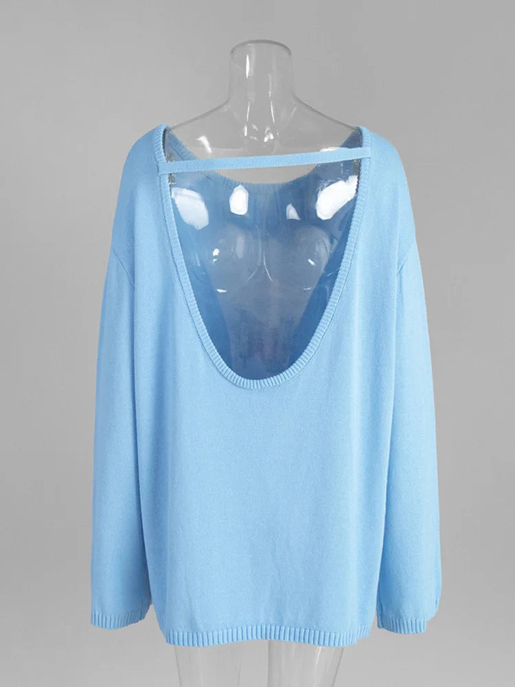 Damen rückenfreier, locker gestrickter Pullover – Lässiger, eleganter Langarm-Patchwork-Pullover
