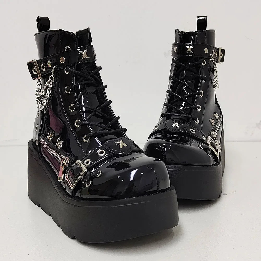 Women’s Waterproof Wedge Gothic Vampire Platform Mid-Calf Boots