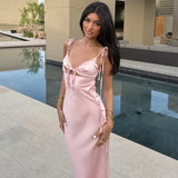 Rosa Maxikleid mit V-Ausschnitt, Cut-Out und Schnürung – Sexy Strandkleid für Damen mit Spaghettiträgern
