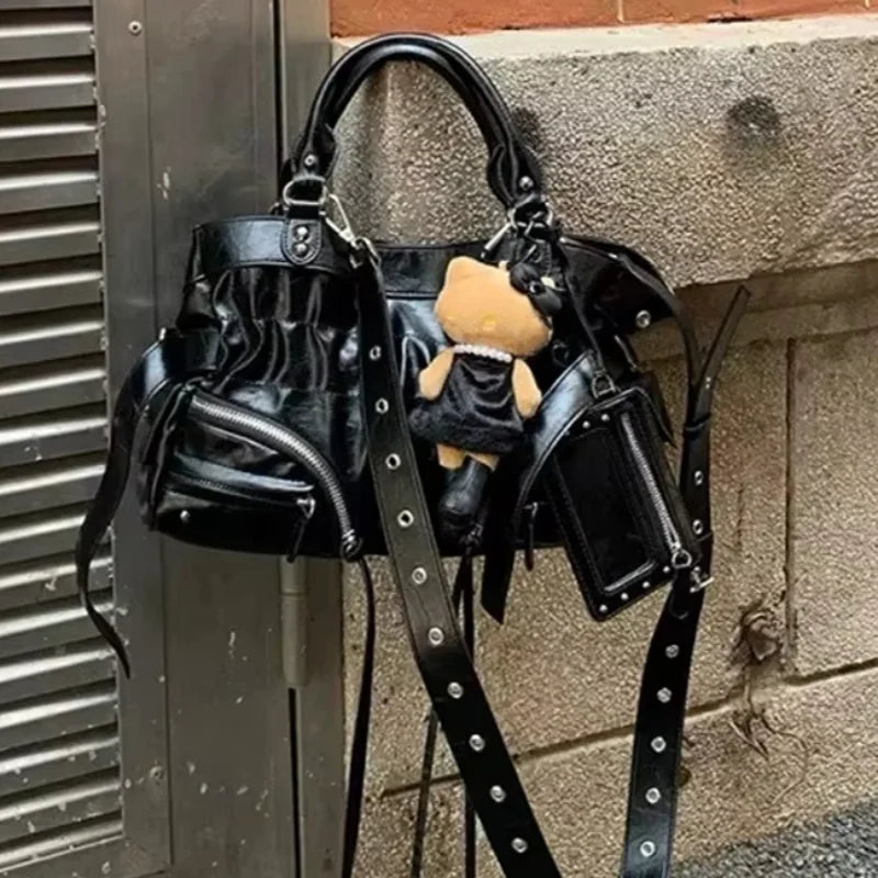 The Noir-Rebel Silhouette Retro Pleated Motorcycle Bag