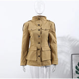Women’s Khaki Elegant Stand Collar Trench Coat – Y2K Long Sleeve Waist-Defined Jacket