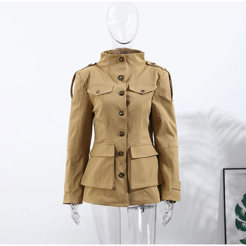 Women’s Khaki Elegant Stand Collar Trench Coat – Y2K Long Sleeve Waist-Defined Jacket