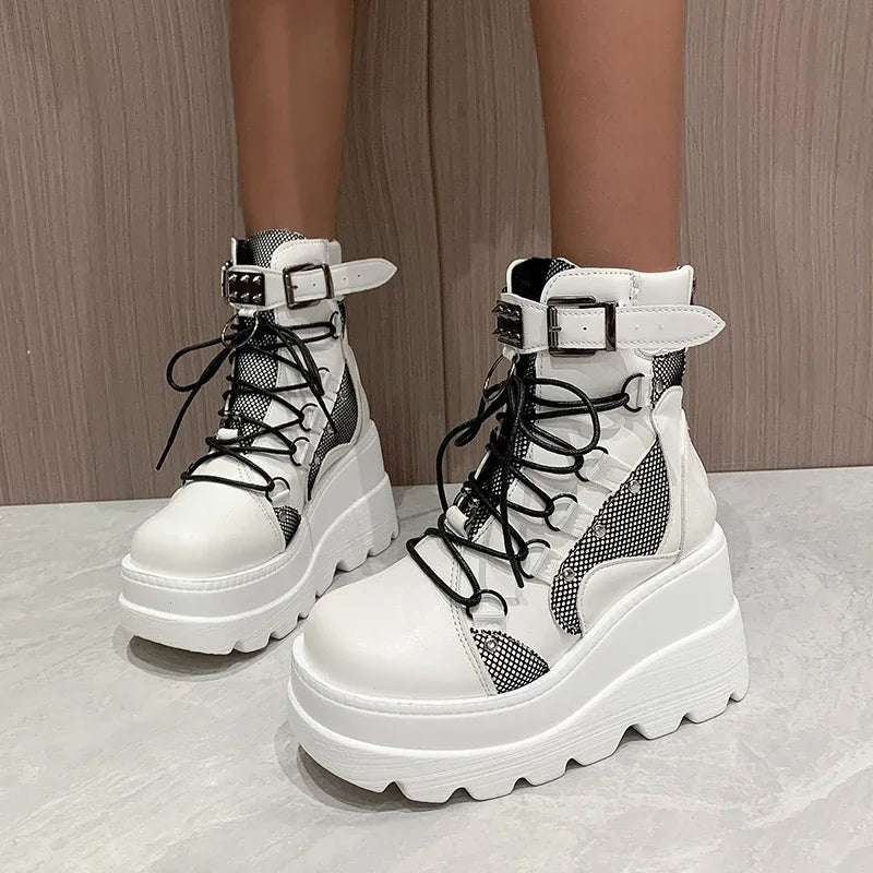 Women’s Gothic Belt Buckle Platform High Wedge Zip Punk Cosplay Ankle Boots