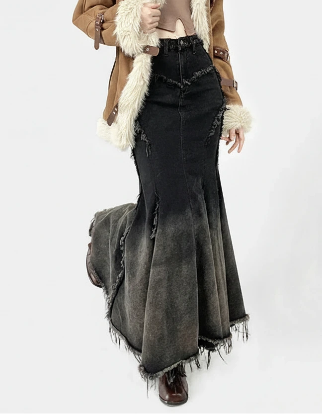 Damen Schwarzer Jeansrock mit Farbverlauf im Meerjungfrauen-Stil | Hochtaillierter Maxi-Jeansrock mit offener Kante